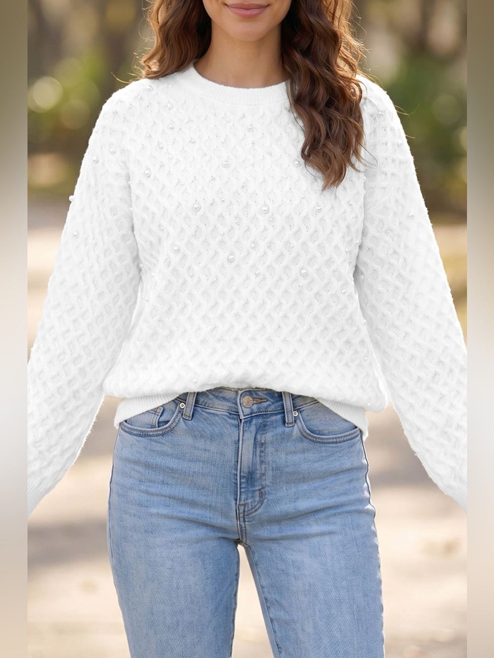 Solid Textured Knit Pearl Embellished Pullover Sweater